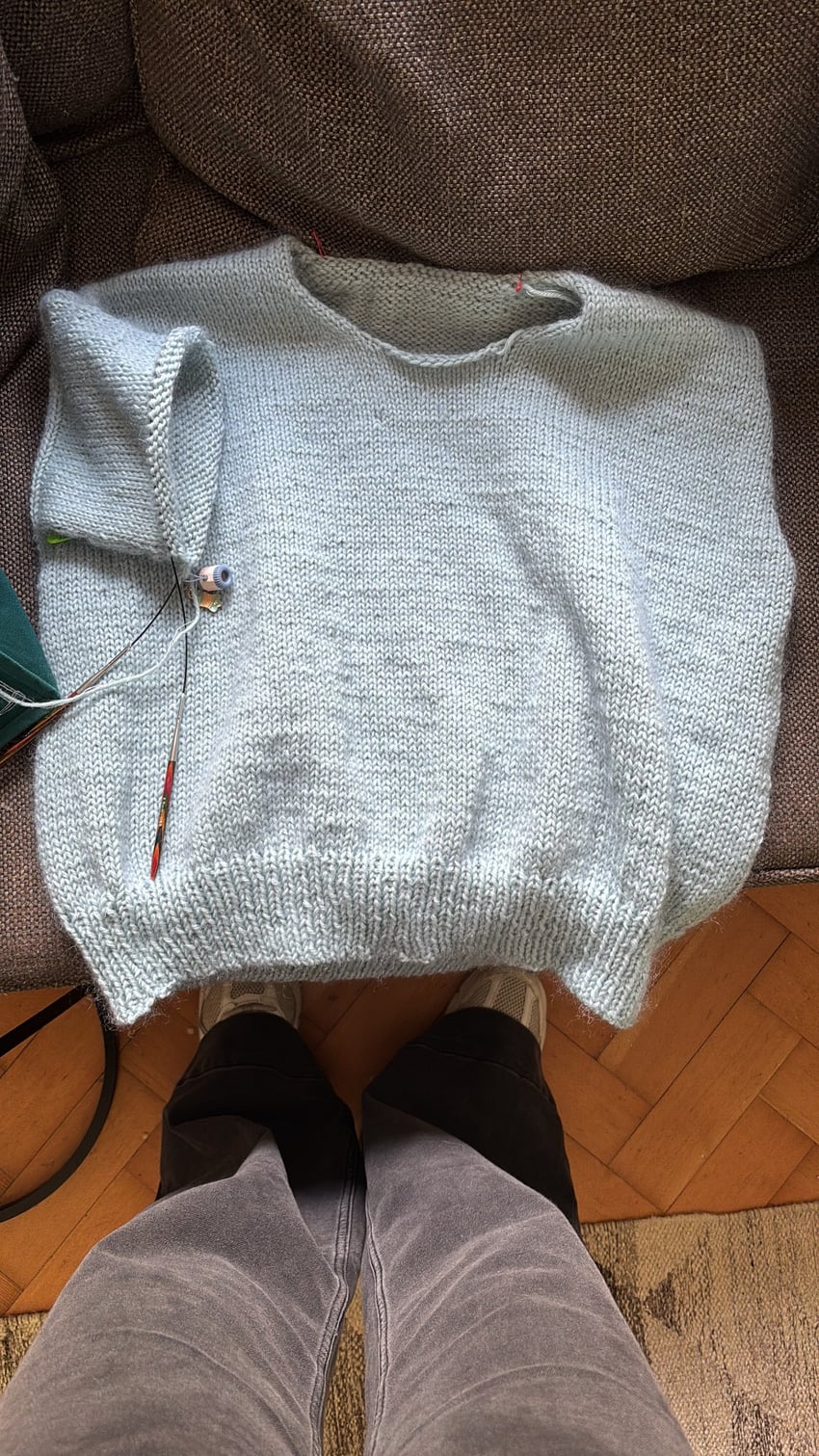 Jenna’s pale blue knitting project